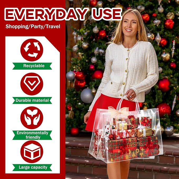 Henoyso 8 Pcs Christmas Clear Gift Bags Plastic Candy Treat Goodie Bags Red Foil Santa PVC Wrap Totes with Handles and Ribbon Xmas Party Favors (Christmas Tree,Bells,16x 6x 12 Inch)