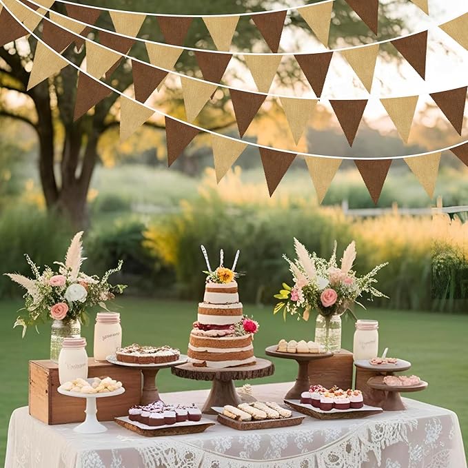 46Ft Brown Party Decorations Brown Burlap Banner Triangle Pennant Flag Macaron Linen Garland Streamers for Rustic Birthday Boho Wedding Teddy Bear Baby Shower Jungle Woodland Party Decorations
