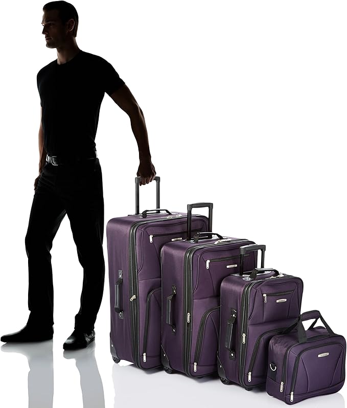 Rockland Fashion Softside 4 Piece Luggage Set, Expandable, (14" Tote/19"/24"/28"), Purple