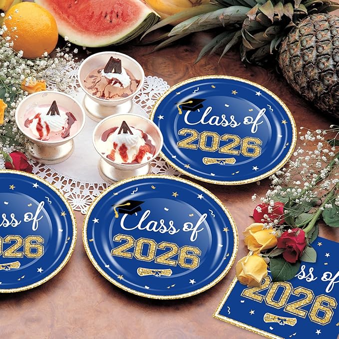 2026 Graduation Party Supplies Tableware Set - 200 Pcs Blue Gold Graduation Plates and Napkins Class of 2026 Disposable Dinnerware for College High School Congrats Grad Party Favors, Serve 50