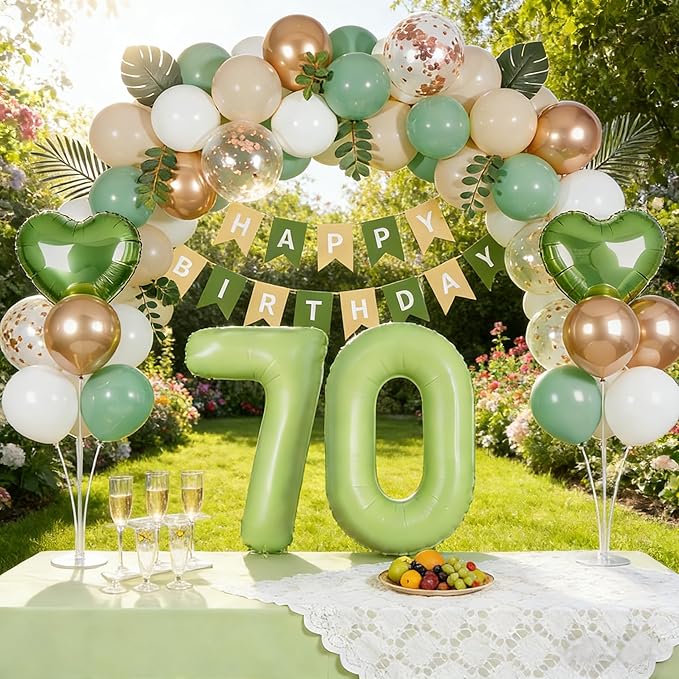 Sage Green 70th Birthday Decorations for Women Men, 70 Years Loved Milestone Party Supplies, Sand White & Cream Balloon Kit with Green Number 70 Balloon and Fringe