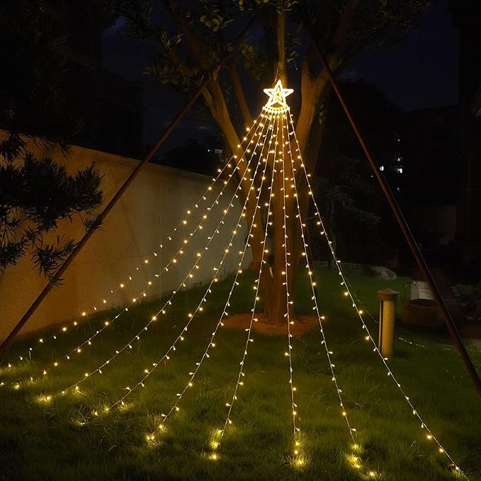 Outdoor Christmas Decorations 350 LEDs Christmas Lights with 9 Strands 11.5ft Waterfall Christmas Tree Lights, 8 Modes,Waterproof,Topper Star for Yard Patio Xmas Wedding,Party,New Year (Warm White)
