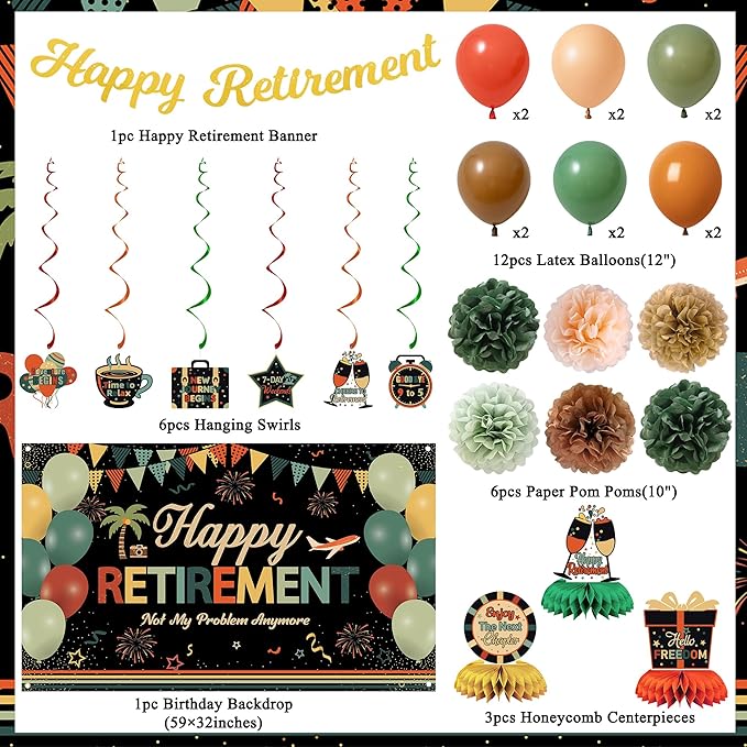 Vlipoeasn Retirement Decorations for Men Women, Colorful Vintage Retirement Party Set with Backdrop Banner Honeycomb Centerpieces Hanging Swirls, Office Retired Farewell Decor
