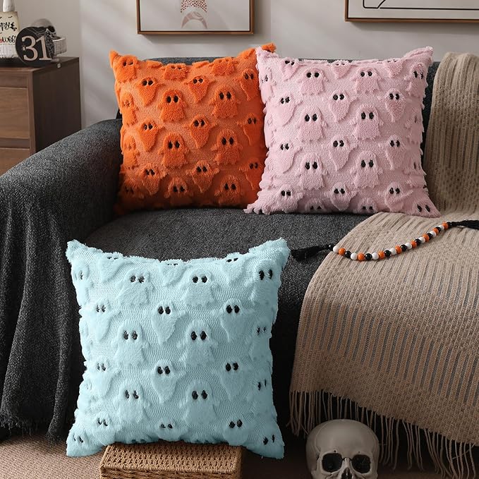 DFXSZ Halloween Pillow Covers 16x16 inch Set of 2 Blue Ghost Throw Pillow Cases Soft Plush Faux Fur Wool Couch Cushion Case for Chair Sofa Bedroom Living Room Home Decor PTK03G16