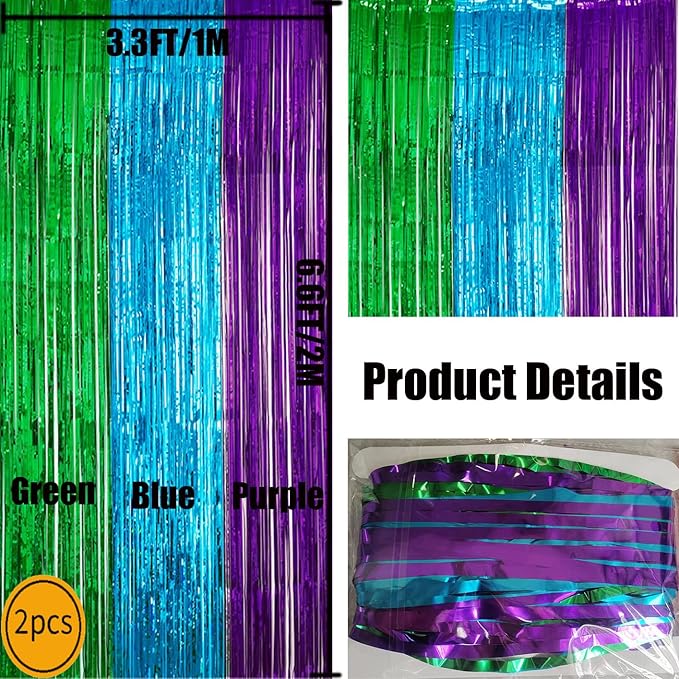 2 Pack 3.3ft×6.6ft Green Blue Purple Tinsel Foil Fringe Under the Sea Ocean Backdrop Door Streamers Baby Shower Bachelorette Birthday Graduation Mermaid Video Game New Year Party Decorations