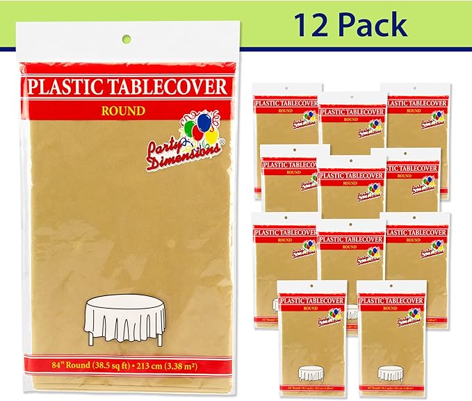 Party Dimensions Gold Disposable Plastic Tablecloth for Round Tables (12 Pack) 84 inches Table Cloths for Parties, Events & Weddings, Indoors & Outdoors, Plastic Table Cover