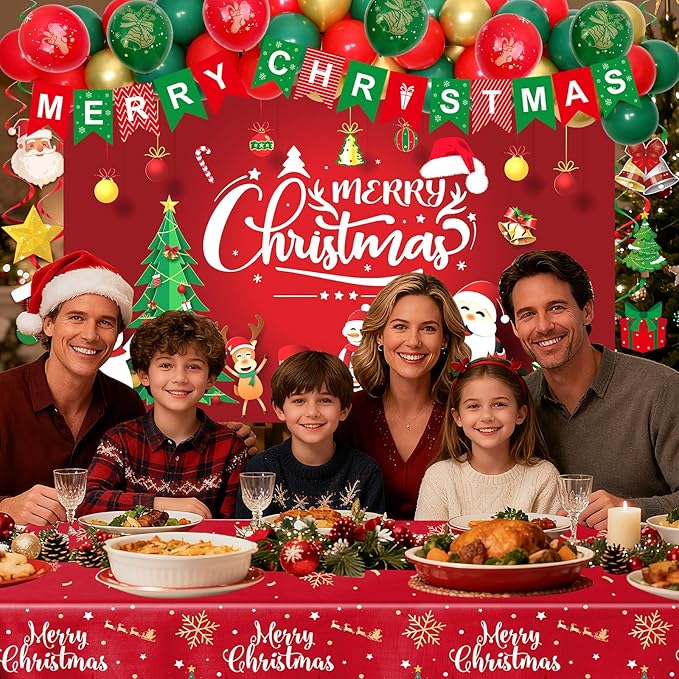 Christmas Party Decorations, Balloon Arch Garland Kit for Kids with Green Red Balloons, Merry Christmas Backdrop Banner Tablecloths Hanging Swirls Pendant for XMAS Decorations Supplies