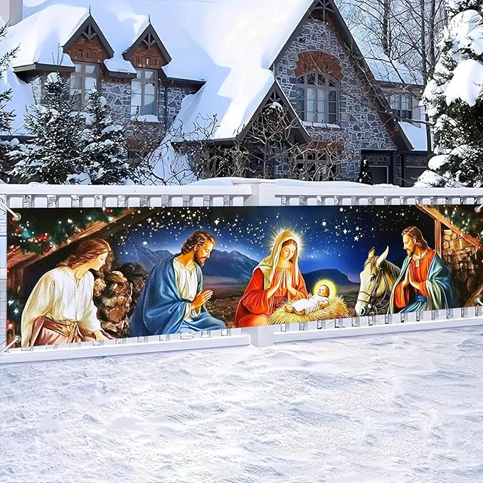 Nativity Scene Banner 79x18 Inches Christmas Fence Banner Holy Night Yard Display Jesus Birth Manger Scene Backdrop Christian Outdoor Decorations Holiday Sign
