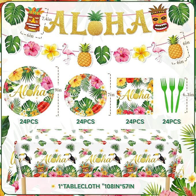 Luau Party Decorations, 99Pcs Hawaiian Aloha Party Plates-Serve 24 With Aloha Banner Tablecloth Napkins Disposable Dinnerware Set for Hawaiian Tropical Summer BBQ Party Decorations