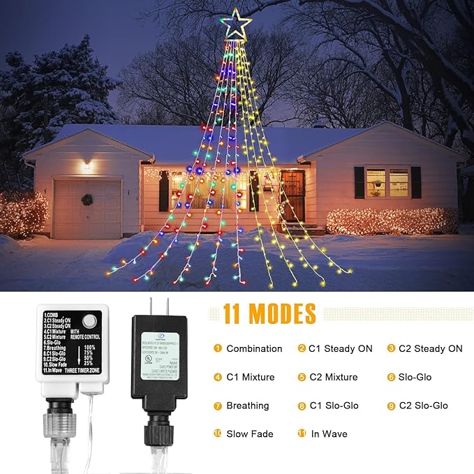 Christmas String Lights 317 LED Star Waterfall Twinkle Fairy Lights Color Changing for Christmas Decorations Party Wedding Indoor Outdoor Decorative Lights