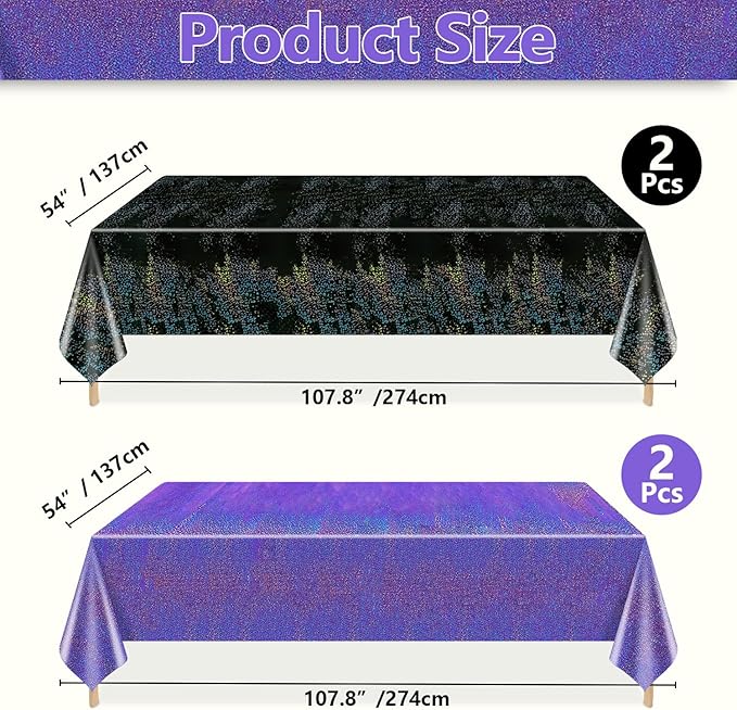 2Pcs Black & 2Pcs Purple Holographic Tablecloths Rectangular Iridescent Tablecloth Shimmer Metallic Table Covers for Halloween Birthday Party Wedding Events Supplies, 54 x 108inch