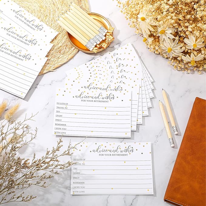 Fumete 50 Pcs Retirement Party Advice and Wishes Cards with 10 Small Pencils 1 Cardstock Place Card Retired Ideas Supplies for Retirement Party Favors and Going Away Decorations