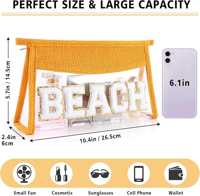 Beach Pouch Sunscreen Clear Makeup Bag Chenille Letter Beach Cosmetic Pouch Summer Essential Cute Toiletry Pouch Travel Accessories Gifts for Women