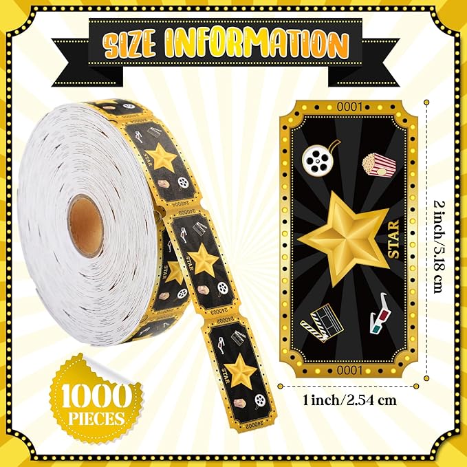 Cholemy 1000 Pcs Movie Tickets Roll Movie Night Party Invitations Carnival Raffle Tickets Numbered Card Events Door Prizes Drinks Entry for Theater Theme Birthday Party Favors Supplies