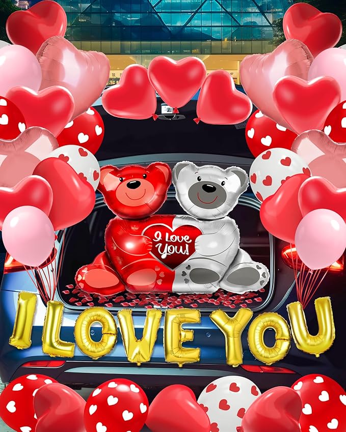 Valentines Balloon Kit Decor with I Love You Balloons, Heart Balloons with 1000 Pcs Silk Red Rose Petals for Valentines Day Galentines Party Decorations Proposal Wedding Anniversary Decor