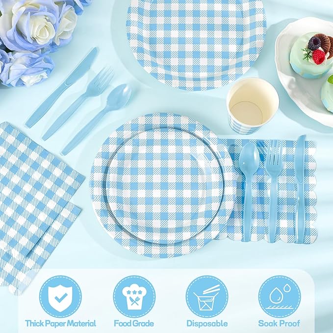 175 Pcs Gingham Paper Plates, Boy Baby Shower Decorations Include Blue Gingham Plates and Napkins Cups Disposable Blue Dinnerware for Picnic, Wedding, Birthday