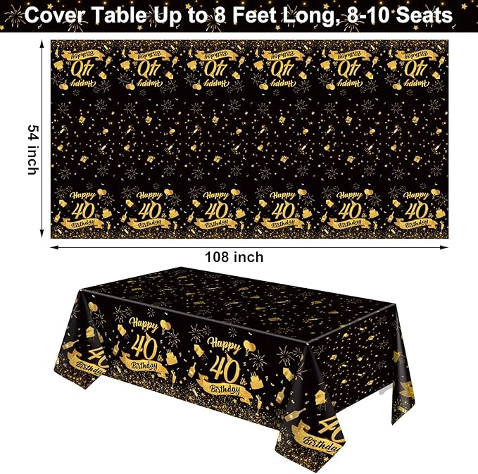 3 Pack 40th Birthday Plastic Tablecloth, 54x108 Inch Black Gold Disposable Rectangle Table Cover Waterproof Table Cloth for Birthday 40 Anniversary Party Supplies