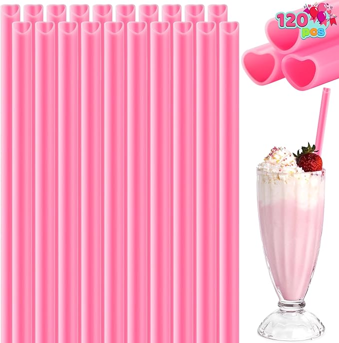 JOYIN 120 PCS Valentine Heart Shaped Pink Straws, Reusable Drinking Cute Straw for Valentine's day Cocktail, Birthday Party, Bridal Shower, Wedding Supplies, Valentine Party