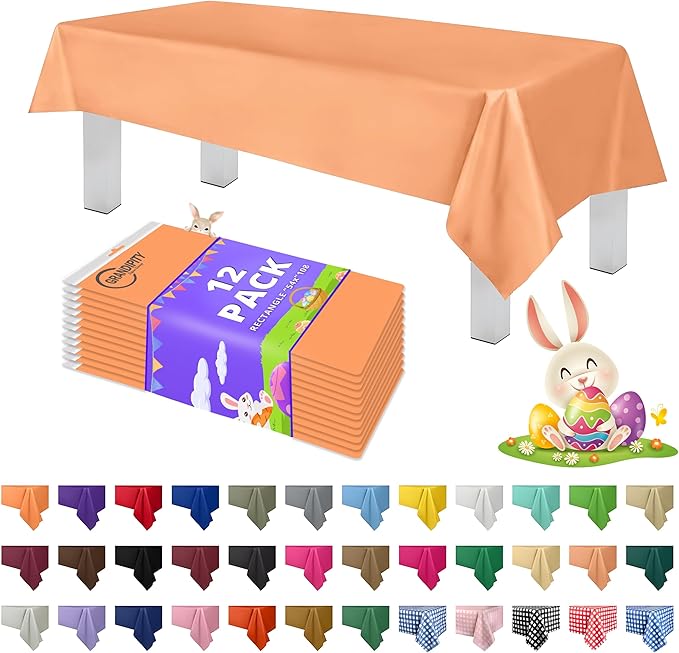 Grandipity 12 Pack Premium Disposable Plastic Tablecloth 54 Inch. x 108 Inch. Decorative Rectangle Table Cover - Peach