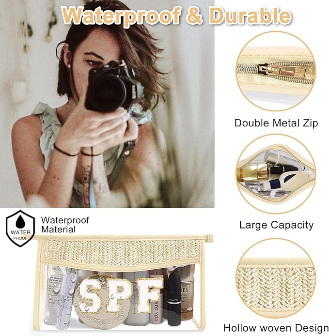 2Pcs Boho Patch SPF Bag Clear Makeup Letter Bag, Waterproof Zipper Make up Bags Toiletry Pouch for Women Girls, Clear Letter Patch Cosmetic Bags Transparent Organizer Pouch for Travel(SPF, Beach)