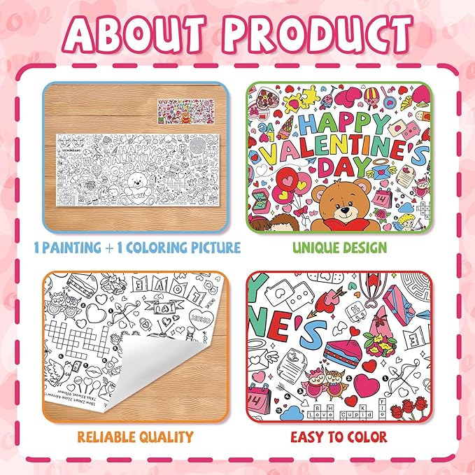 Valentine's Day Activity Poster - Large 31.5x72 Inch Coloring Table Cover for Holiday Party, School Classroom Decor, Crafts & Family Fun