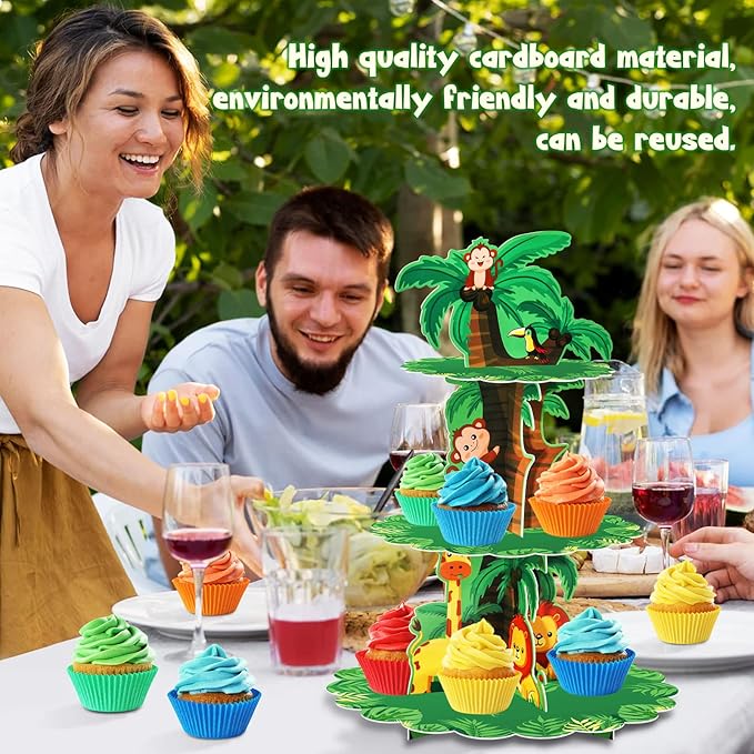 Safari Birthday Decorations 3 Tier Jungle Baby Shower Cupcake Stand Wild One Birthday Table Decor for Boys Lion Party Safari Zoo Party Favor Supplies