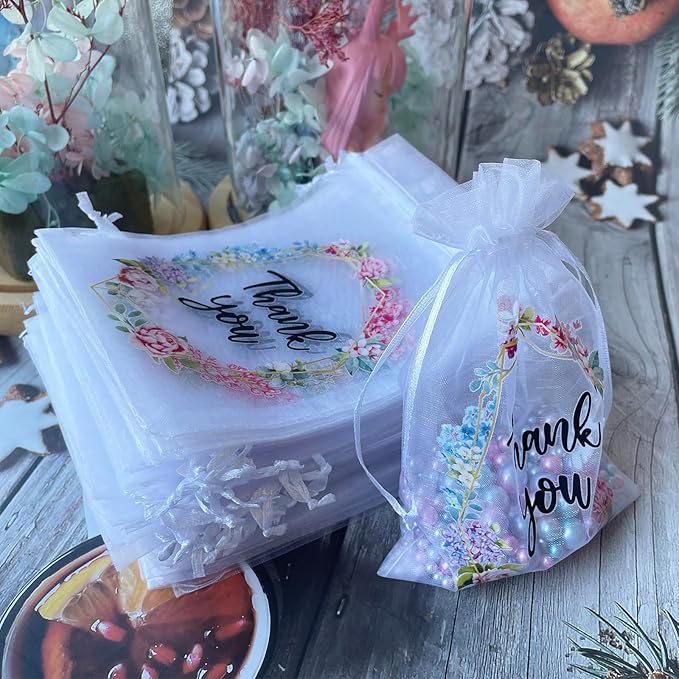 LXKBD 100PCS Organza Gift Bags for Jewelry Easter Party Wedding Favor, 4x6 Inch Thank You White Sheer Drawstring Mesh Pouch Candy Bag