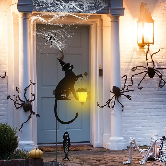 Metal Cat Stake with Solar Light, Outdoor Decorative Black Cat Holding Lantern Garden Stakes with Welcome Sign Halloween Witch Hat & Spider Web for Garden Lawn Yard Pathway Halloween Decor