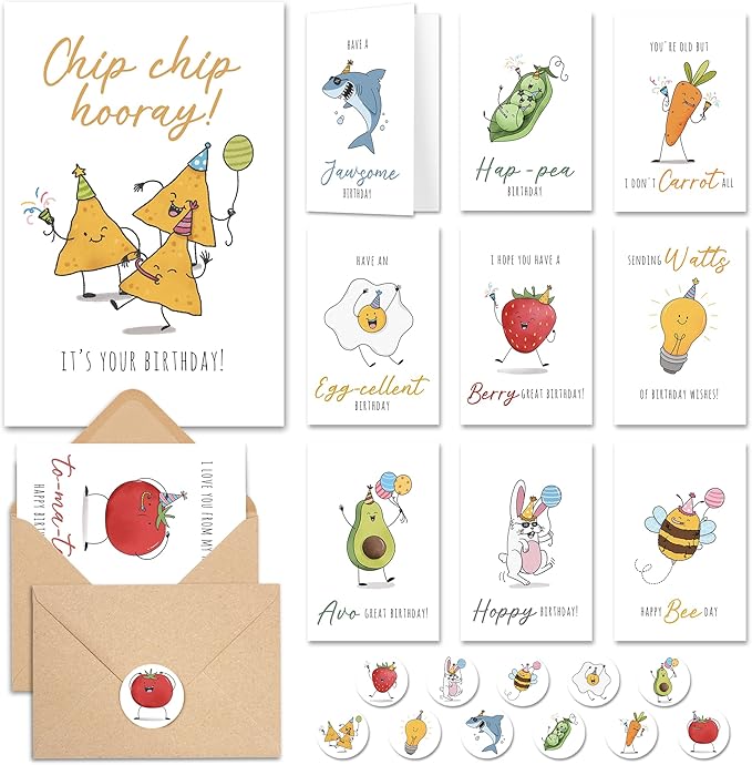 Birthday Cards with Envelopes & Stickers, Funny Assorted Happy Birthday Bulk, Cute Handmade Bday Greeting Cards for Kids, Students, Women, Friends, Family, Work & Office, 20 Unique Designs (4"x6")