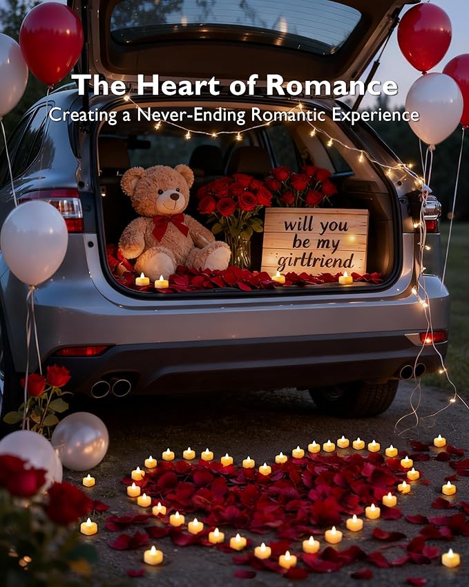 Amagic 1000 Pieces Artificial Rose Petals with 12 Heart LED Tea Lights Candles Kit, Rose Petals and Candles Set for Proposal, Anniversary, Valentine's Day, Special Romantic Night, Wedding Table Decor
