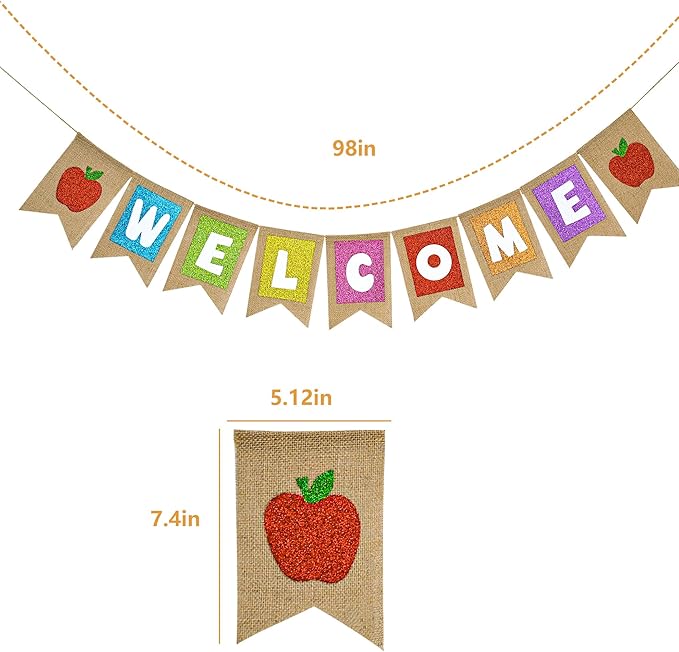 Welcome Burlap Banner Back to School Party Decorations Glitter Welcome Banner with Apple Sign - First Day of School Party Supplies for Classroom,Teacher,and Office Hanging Decor