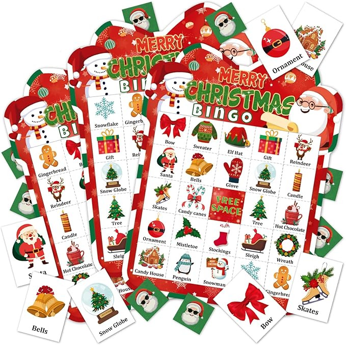 Christmas Bingo Cards Game Set - Xmas Festive Holiday Party Supplies for Kids and Adults, 24 Players, Merry Christmas Themed Bingo Cards for School Classroom, Family Activities, Seasonal Party Favors