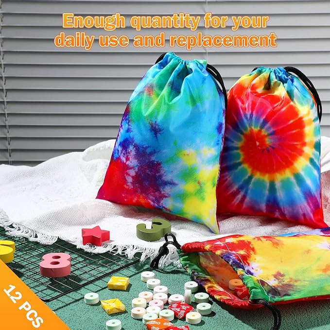 24 Pcs Tie Dye Party Favor Bags Drawstring Birthday Gift Bag Candy Goodie Treat Bag Colorful Snacks Bag, Polyester Wrap Bags for Retro Tye dye Beach Party Decor School Supplies (9.8 x 7.1 Inch)