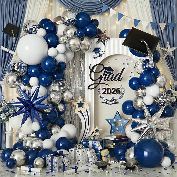 152 pcs Blue White Silver Balloon Garland Arch Kit,Navy Blue Silver Confetti Balloons with Exploding Star Balloons for Graduation Class of 2026 Birthday Wedding Retirement Party Decorations