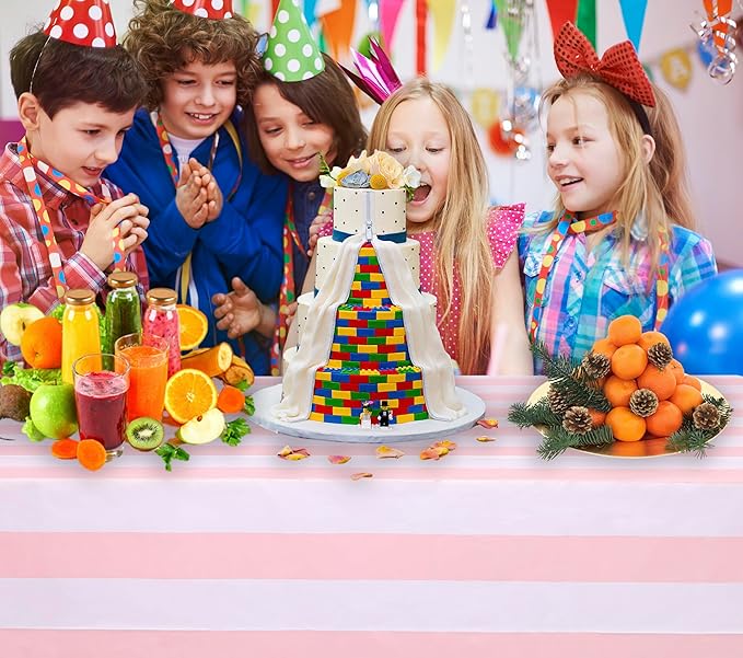 Kesfey 5 Pack Pink and White Vertical Striped Tablecloth - 54 x 108 Inch Waterproof Pink Striped Picnic Table Cover for Birthday Party