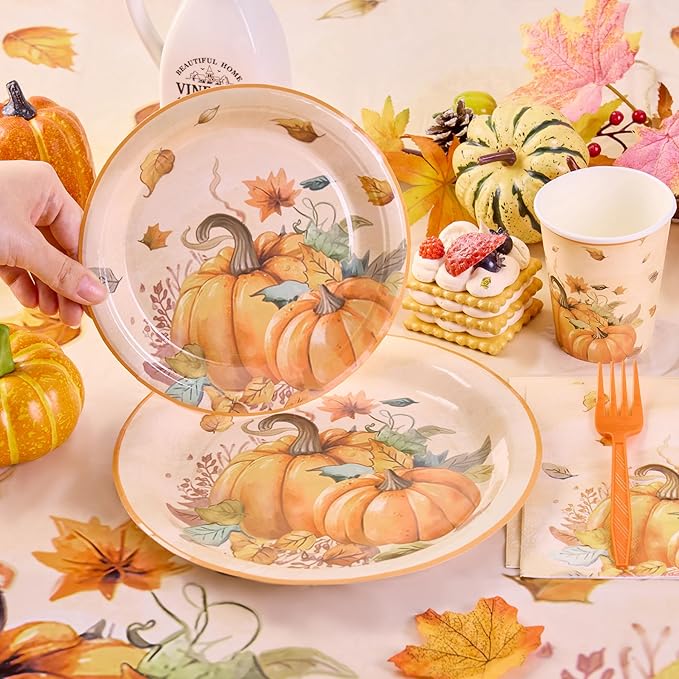 Mostop 126 Pcs Tableware Set - Fall Harvest Disposable Dinnerware with Plates, Napkins, Forks, Table Covers for Autumn Celebrations, Thanksgiving Day, and Harvest Festival, Serves 25 Guests