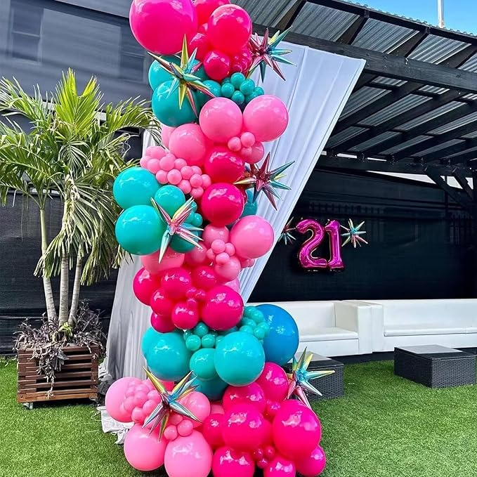 Hot Pink and Teal Balloon Arch Kit, Hot Pink Turquoise Balloon Garland Kit, Rose Red Teal Blue Latex Balloons Different Sizes for Birthday Decorations Wedding Baby Shower Summer Party Supplies