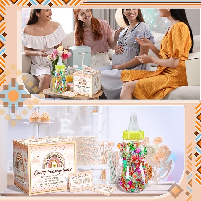 Glenmal 52 Pcs Baby Shower Games Gift Sets Large Baby Bottle for Shower Game Guess How Many Candies Decorations for Gender Reveal(Boho)