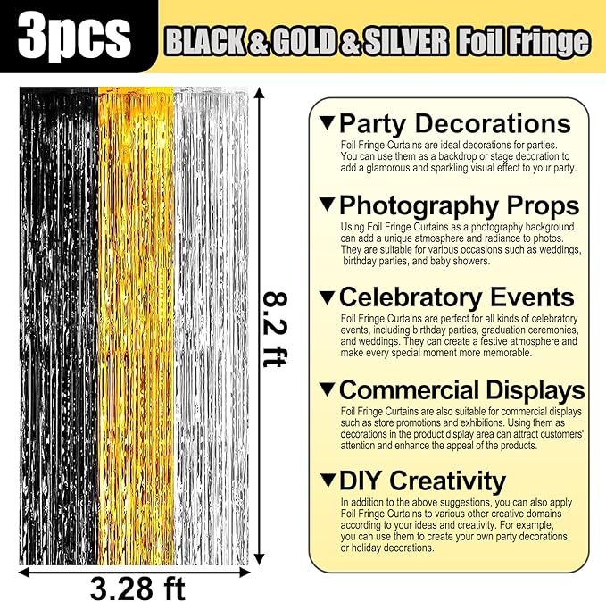 3 Pack Black Gold Silver Foil Fringe Curtain Backdrop, 3.28Ft x 8.2Ft Metallic Tinsel Foil Fringe Streamer Curtains for Photo Booth, Mother's Day, Easter, Birthday, Wedding Party Decorations