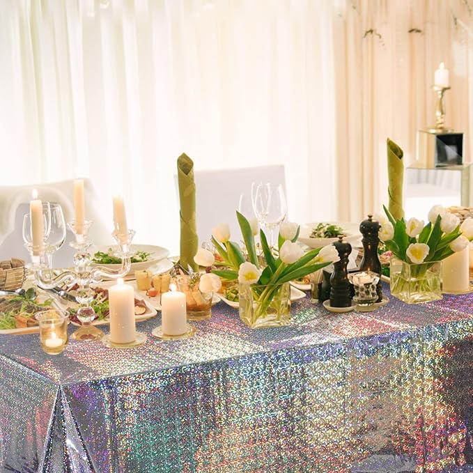FunnyPars 4 Pack Iridescent Plastic Tablecloths Shiny Disposable Laser Rectangle Table Covers Holographic Foil Tablecloth Iridescent Party Decoration Birthday Bridal Wedding Christmas 54"x108"(Silver)