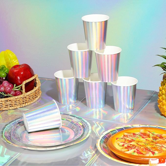 Iridescent Party Supplies Decorations, Holographic Paper Plates and Napkins Set, Disposable Iridescent Paper Plates Cups Knives Spoons Fork Straw for Mermaid Birthday Wedding Party, Serve 50