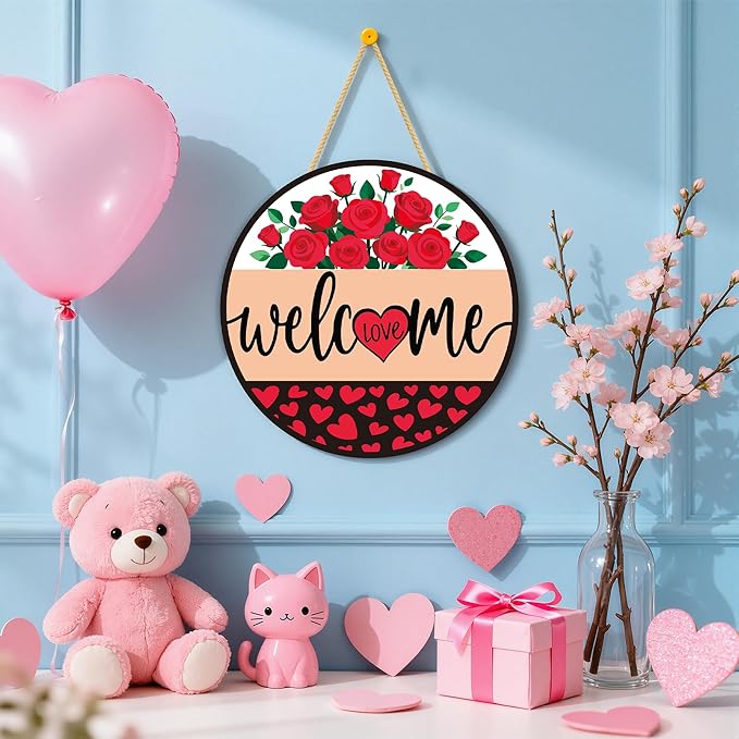 Valentines Day Decorations - Wreath Welcome Sign for Front Door | Rustic Round Wood Wreaths,Heart Rose Garland Outdoor Indoor - Valentines Decor Party Favors Supplies for Door Wall Room Porch Kitchen