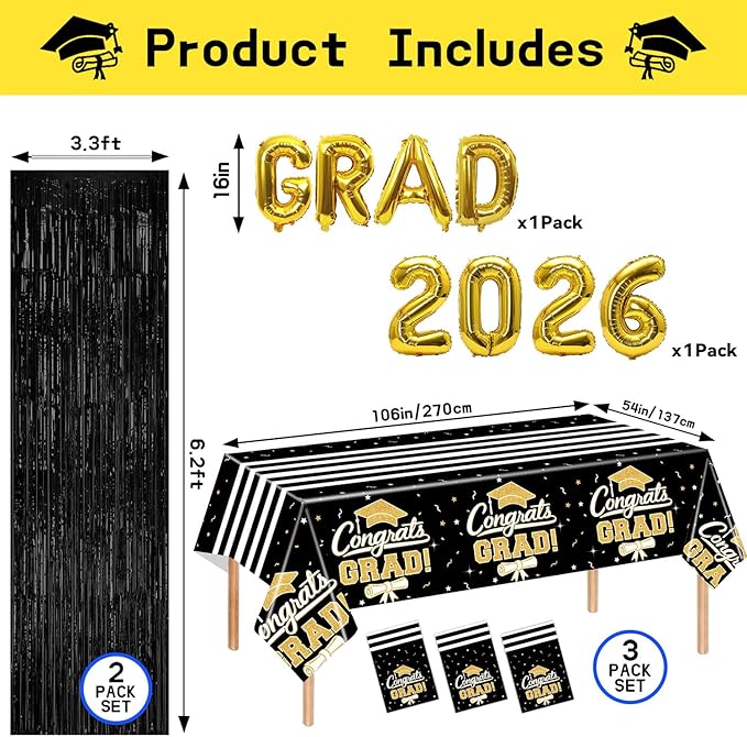 7-Pack Graduation Party Decorations Set, 3 Black Gold Graduation Tablecloths 54x108in, 2026 and Grad Balloons, 2 Foil Fringe Curtains for High School College Graduation Party Photo Booth