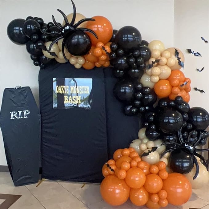 Halloween Balloon Arch Garland Kit, Orange and Black Balloon Arch Kit with 3D Bat Stickers, Boo Spider Bat Pumpkin Cat Pumpkin Spider Foil Balloons Polka Dot Balloons for Halloween Decorations