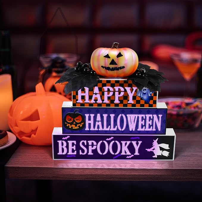 BlcTec Halloween Decorations Indoor, Premium Wood Block Sign with Lighted 3D Letters, Pumpkin, Maples & Berries, Timer Battery Operated Halloween Décor for Home Tabletop, Mantle, Shelf, Tiered Tray