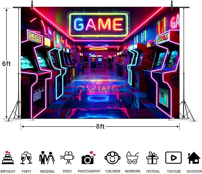 Imirell Arcade Game Neon Backdrop 8Wx6H Feet Retro Gaming Gamer Themed Colorful Video Game Room Playroom Cool Modern Polyester Fabric Boys Photography Backgrounds Photo Shoot Decor Props Decoration