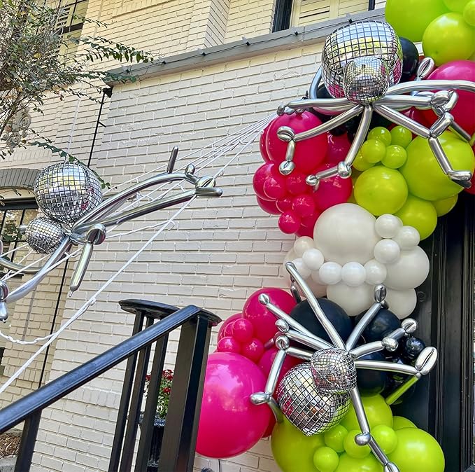 Halloween Balloon Arch Garland Kit, Neon Pink Green and Black White Party Balloons with Disco DIY Spider & 3D Spider Decor for Halloween Birthday Baby Shower Party Decorations