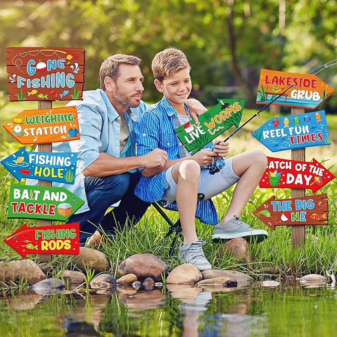 Hooqict 20 Pieces Gone Fishing Sign Fishing Birthday Party Decorations Welcome Direction Signs for Kids Summer Birthday Party Supplies Retirement Decorations Baby Shower Fish Cutouts