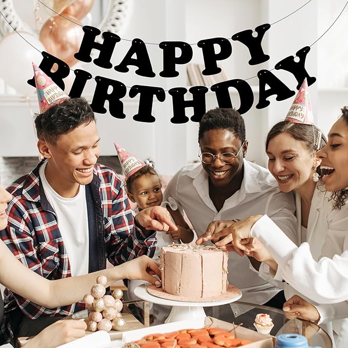 Black Happy Birthday Banner Birthday Party Decorations Birthday Sign Backdrop Party Supplies Happy Birthday Bunting Banner for Kids Adults