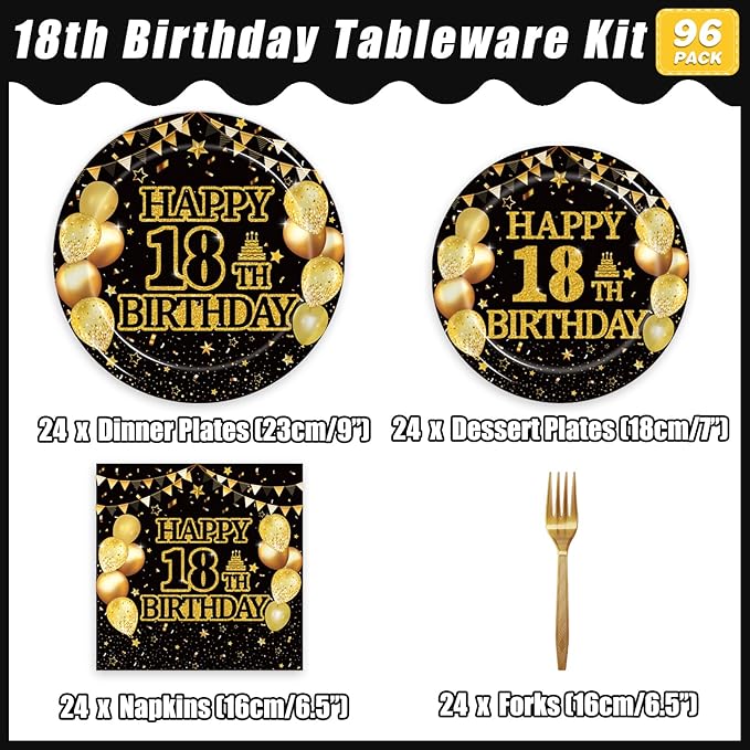 96Pcs 18th Birthday Party Tableware Set, Black Gold Time To Adult Birthday Party Decorations Supplies for Boys Girls Cheers to 18 Years Disposable Paper Plates Napkins Forks Favors, Serve 24